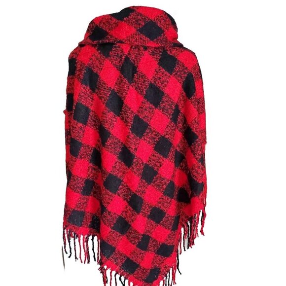NYA Plaid Fringe Wrap Toggle Buttons Red Black Acrylic ONE SIZE - Picture 2 of 5